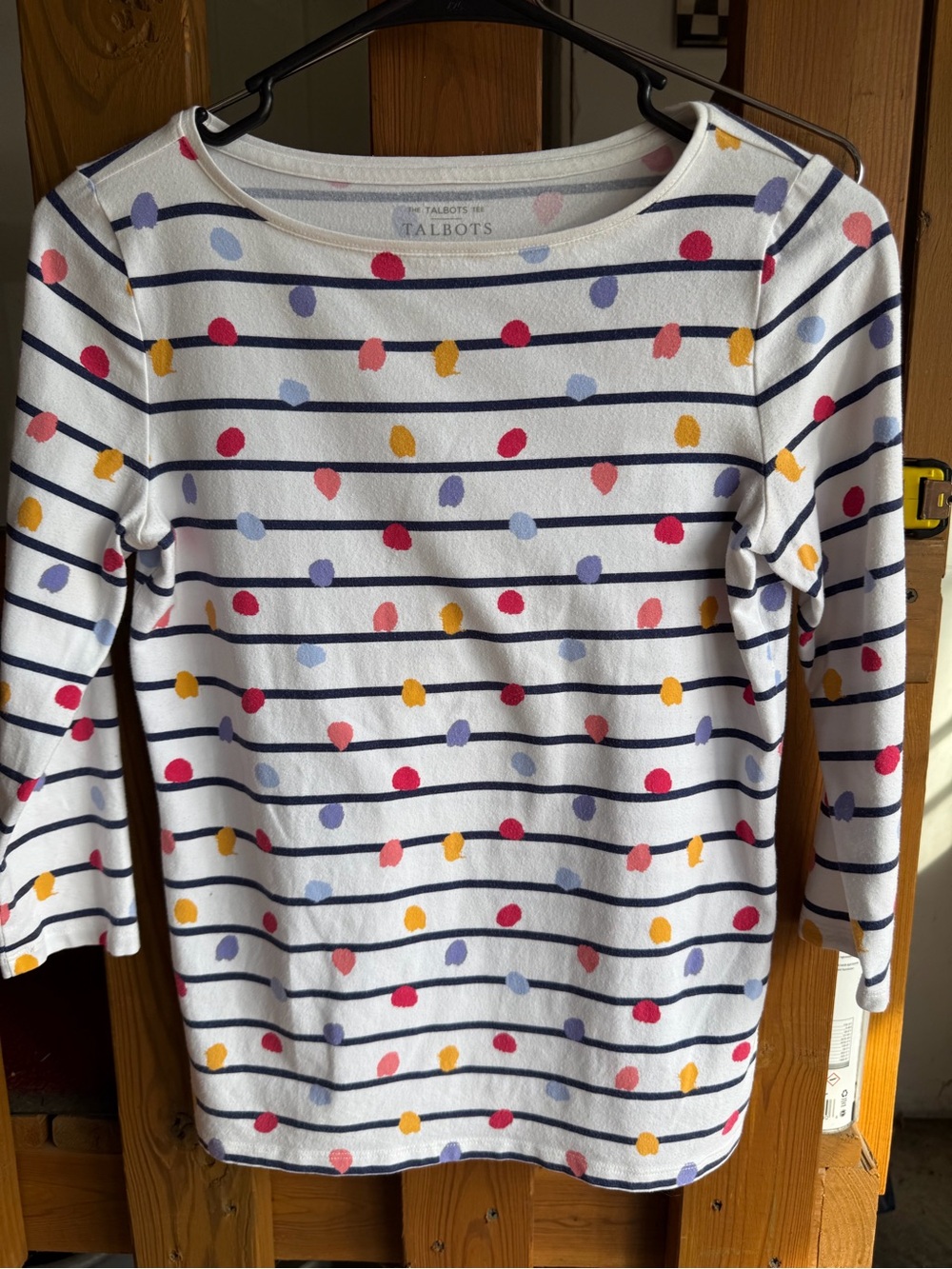 Talbots White Long-Sleeve Stripe Tee with Multicolor Dots
